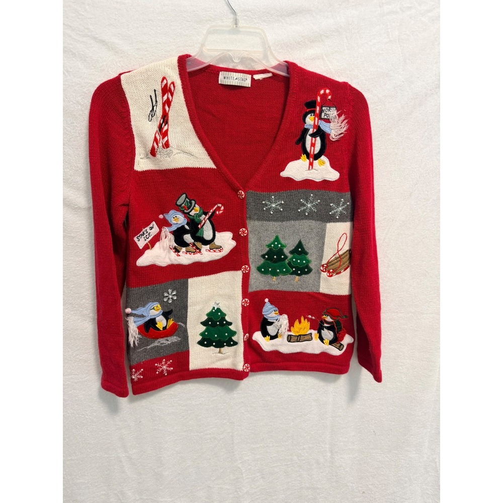 White Stag Red Christmas Penguin Patchwork Cardigan Sweater Womens Medium